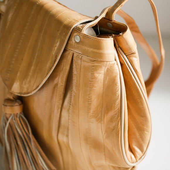 Light Camel Eel Skin Leather Oval OOAk Unique Tote - Picture 6 of 11